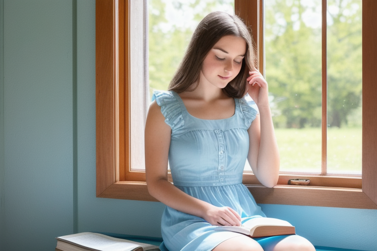 Uma jovem mulher com vestido azul claro sentada ao lado de uma janela de madeira lendo um livro.