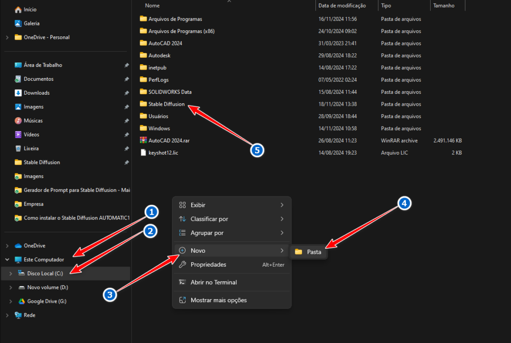 Crie uma pasta para o Stable Diffusion