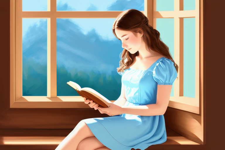 Pintura digital de uma jovem com vestido azul claro sentada ao lado de uma janela de madeira lendo um livro